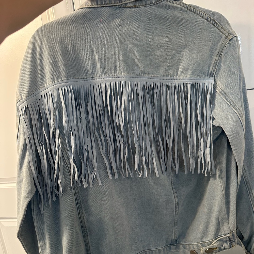 Pink Lily Light Blue Jean Jacket with Fringe